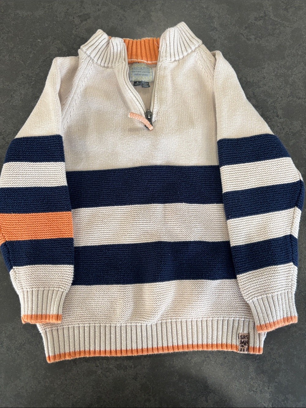 Boys Quarter-Zip Striped Knit Sweater - Navy, Cream & Orange - Souris Mini